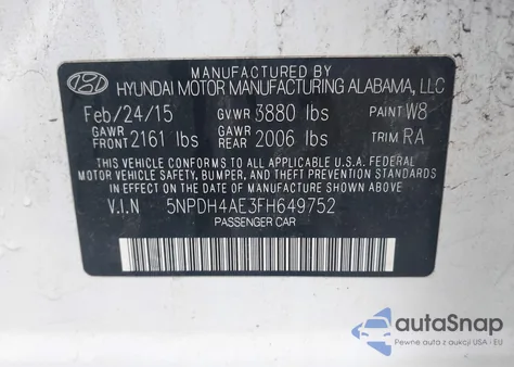 2015 Hyundai Elantra Se from USA, damaged, VIN 5NPDH4AE3FH649752